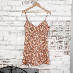 Burnt Orange & Yellow Floral Satin Slip Boho Mini Dress M